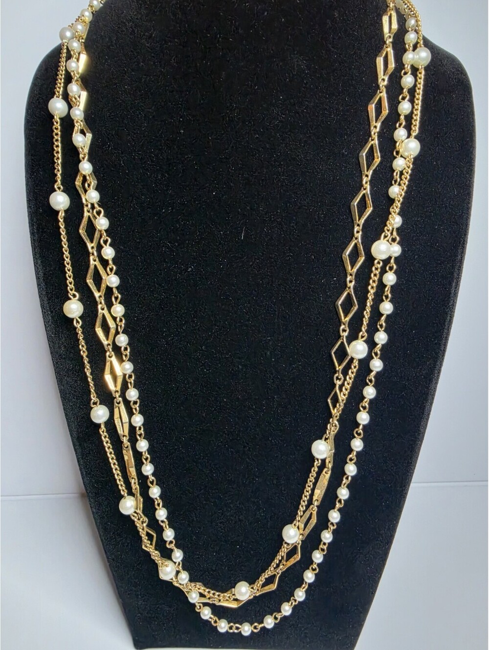 VTG Gold Tone Open Diamond Link Multi Layer Strand Faux Pearl Necklace 42"
